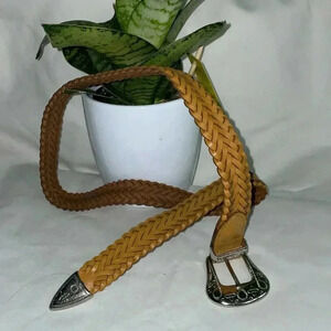 Western Braided Tan Leather Belt with Silver Buckle